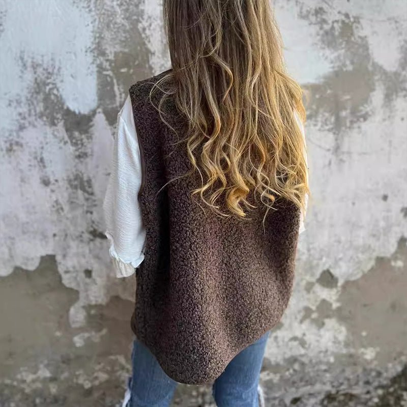 Gilet da donna in peluche, senza maniche, oversize, con bottoni e tasche