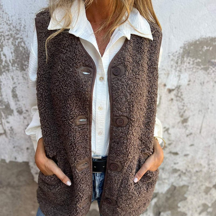 Gilet da donna in peluche, senza maniche, oversize, con bottoni e tasche
