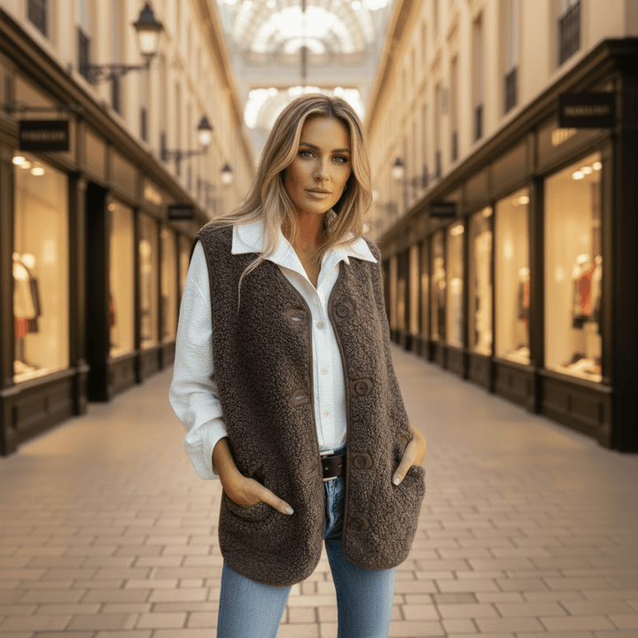 Gilet da donna in peluche, senza maniche, oversize, con bottoni e tasche