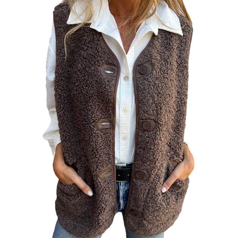 Gilet da donna in peluche, senza maniche, oversize, con bottoni e tasche