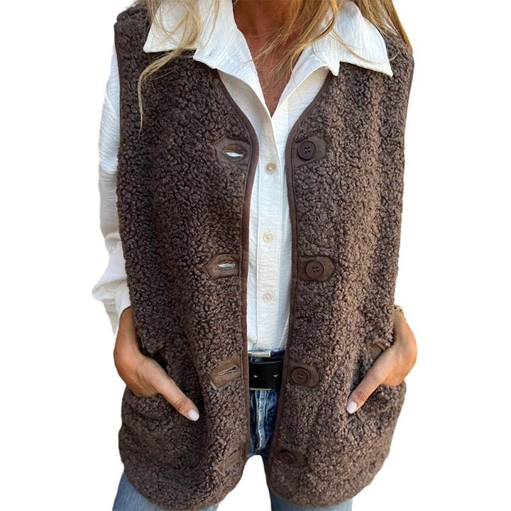 Gilet da donna in peluche, senza maniche, oversize, con bottoni e tasche