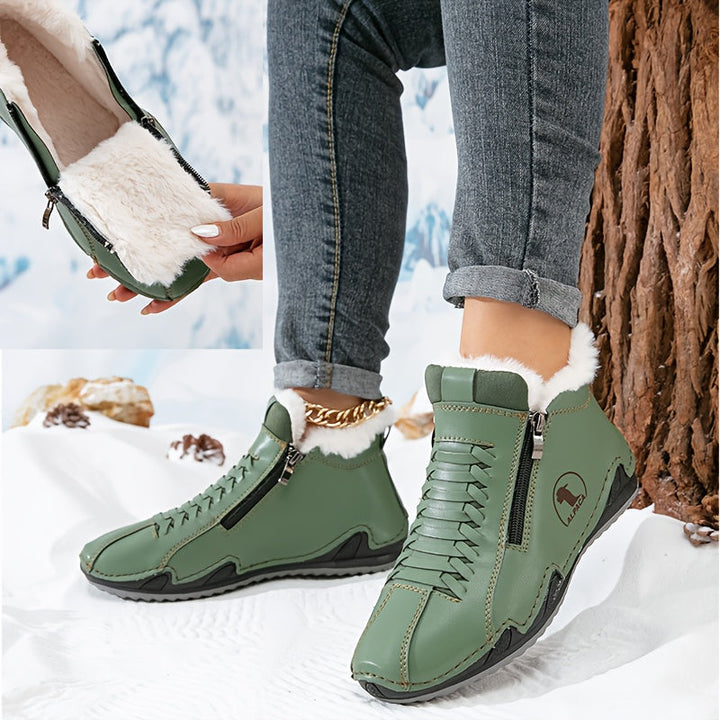 Bottes D'Hiver Femme Doublées Fausse Fourrure Avec Lacets Et Zip Latéral