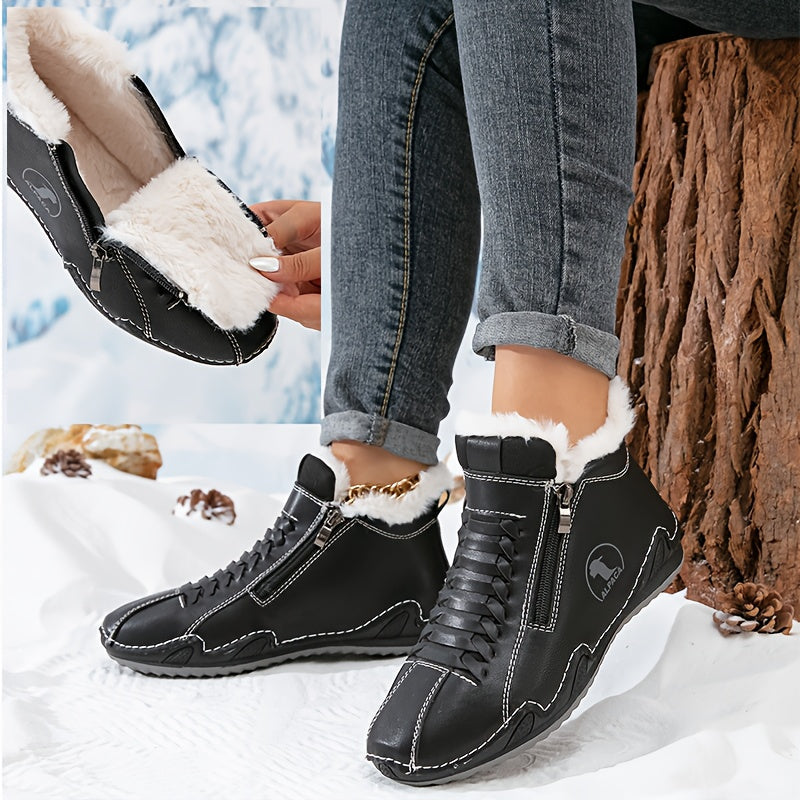 Bottes D'Hiver Femme Doublées Fausse Fourrure Avec Lacets Et Zip Latéral