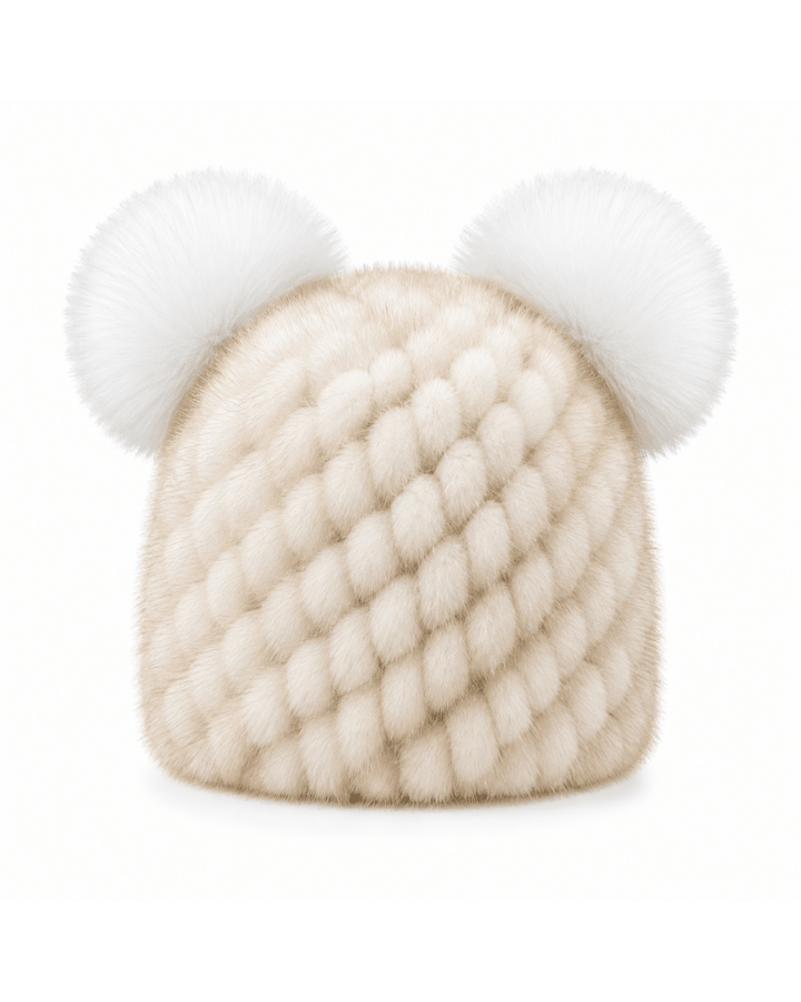 Bonnet de Ski Femme en Fourrure Synthétique Tricoté à Double Pompon