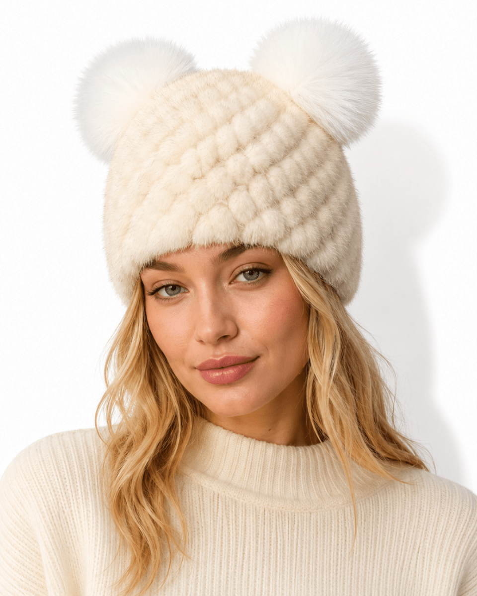 Bonnet de Ski Femme en Fourrure Synthétique Tricoté à Double Pompon