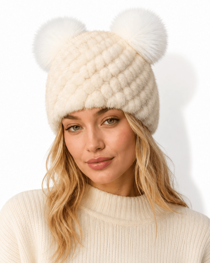 Bonnet de Ski Femme en Fourrure Synthétique Tricoté à Double Pompon