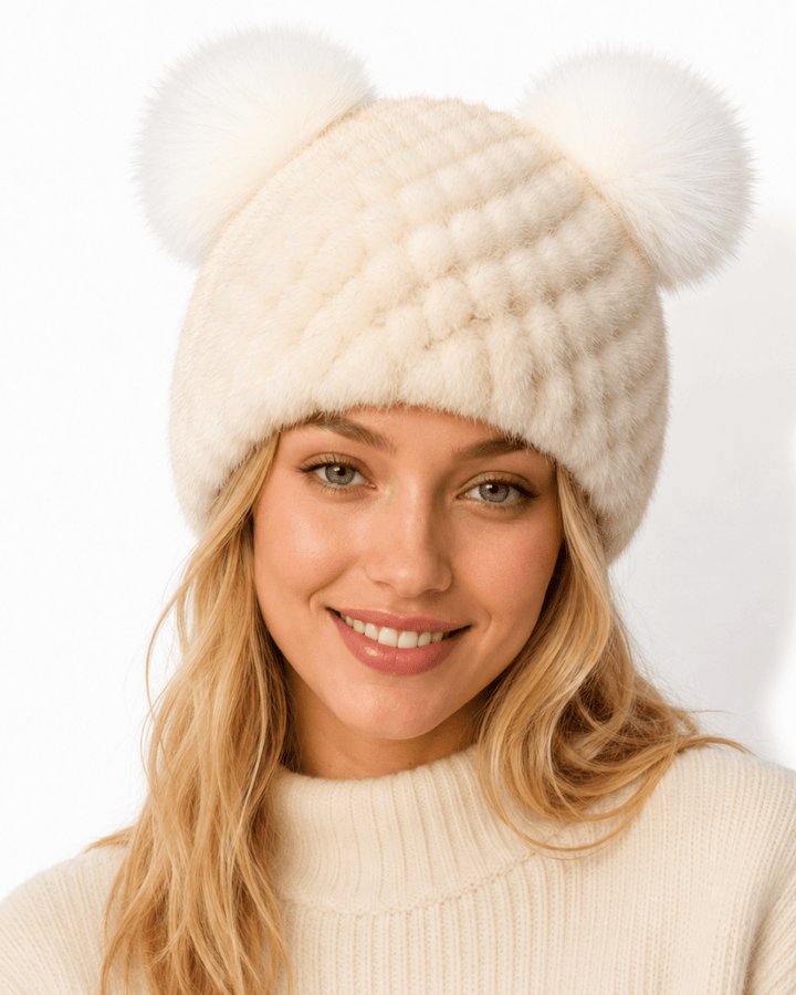 Bonnet de Ski Femme en Fourrure Synthétique Tricoté à Double Pompon