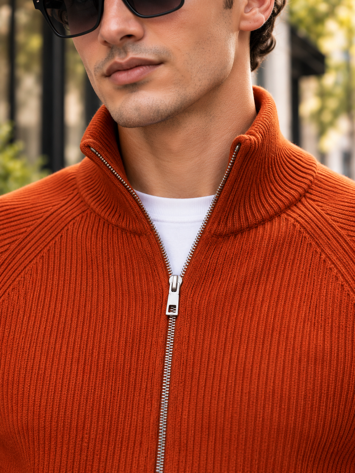 Cardigan Homme Maille Zip Intégral Col Montant Et Bords Côtelés