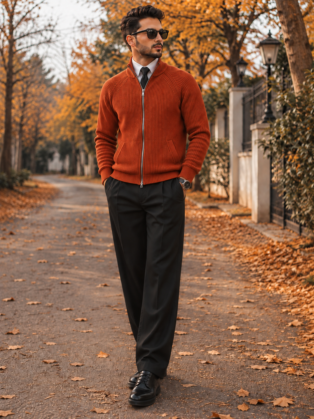 Cardigan Homme Maille Zip Intégral Col Montant Et Bords Côtelés