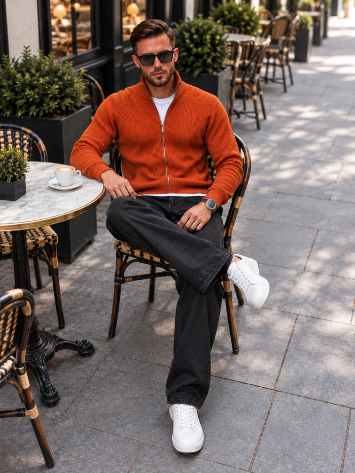 Cardigan Homme Maille Zip Intégral Col Montant Et Bords Côtelés