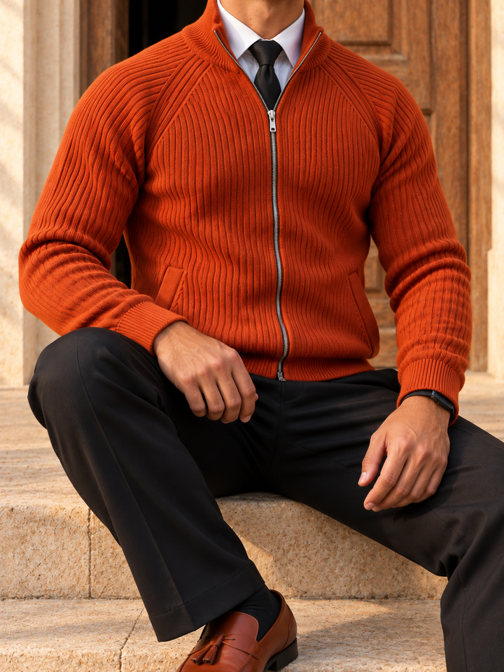 Cardigan Homme Maille Zip Intégral Col Montant Et Bords Côtelés