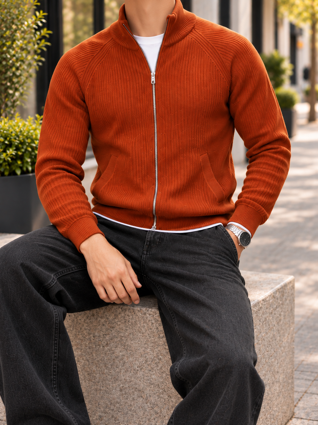 Cardigan Homme Maille Zip Intégral Col Montant Et Bords Côtelés