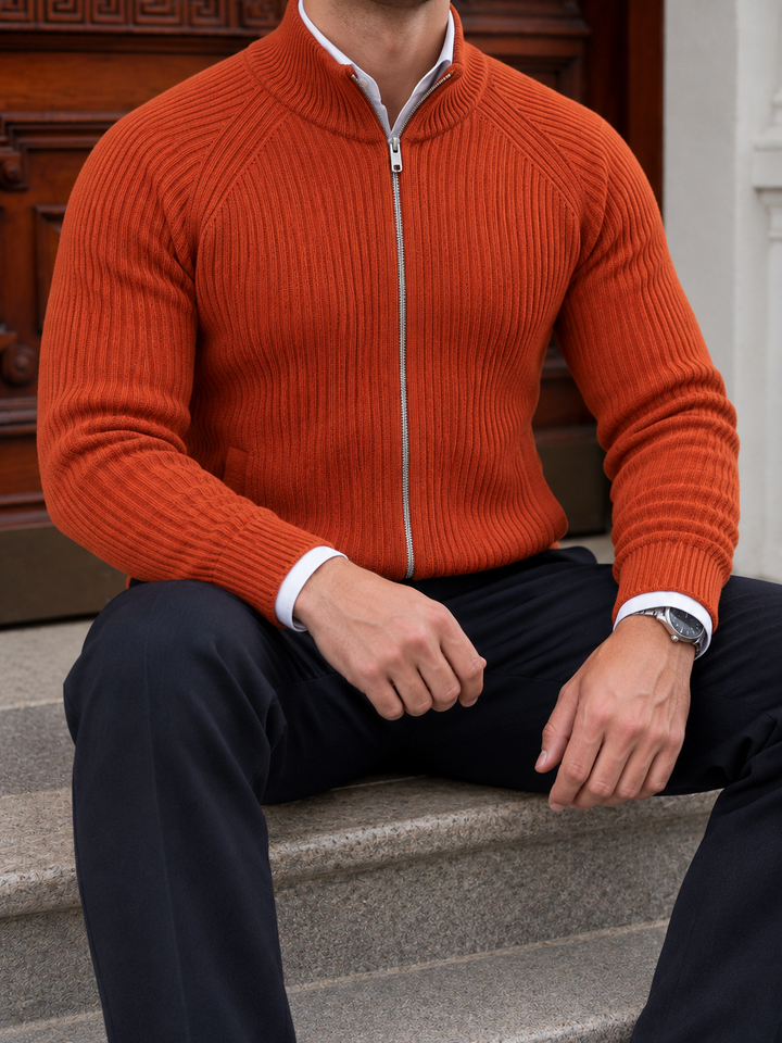 Cardigan Homme Maille Zip Intégral Col Montant Et Bords Côtelés