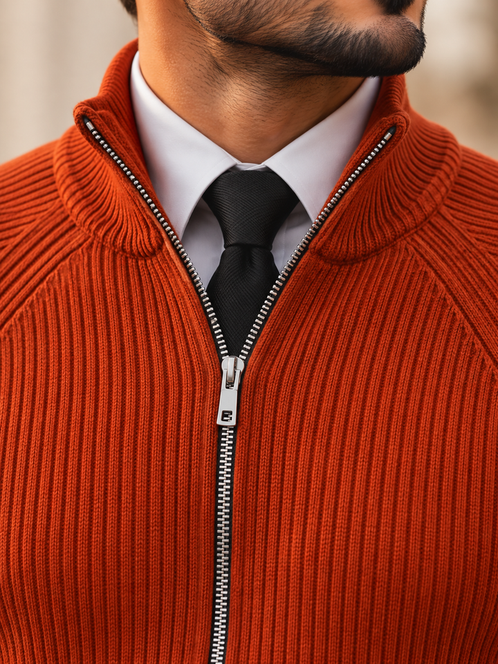 Cardigan Homme Maille Zip Intégral Col Montant Et Bords Côtelés