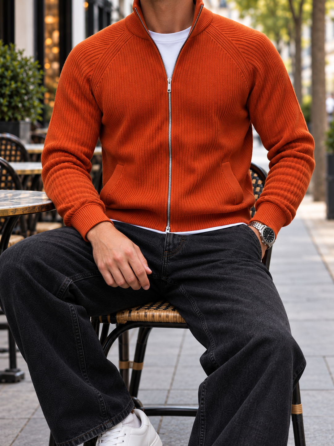 Cardigan Homme Maille Zip Intégral Col Montant Et Bords Côtelés