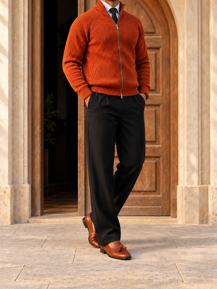 Cardigan Homme Maille Zip Intégral Col Montant Et Bords Côtelés