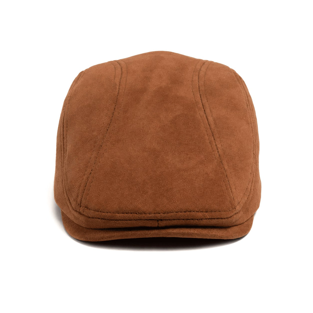 Casquette Plate Homme en Daim avec Visière Courte et Surpiqûres
