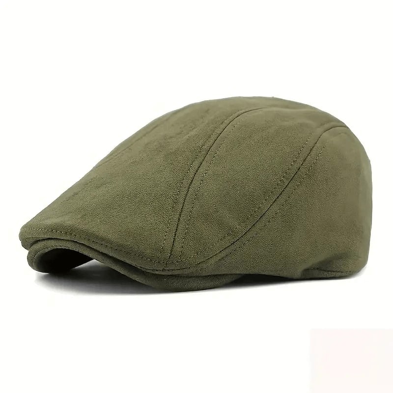 Casquette Plate Homme en Daim avec Visière Courte et Surpiqûres