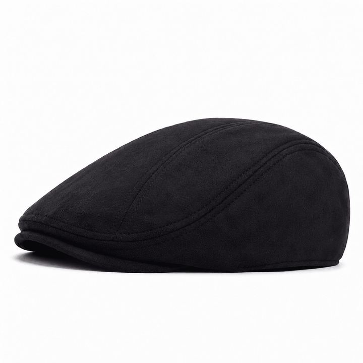 Casquette Plate Homme en Daim avec Visière Courte et Surpiqûres