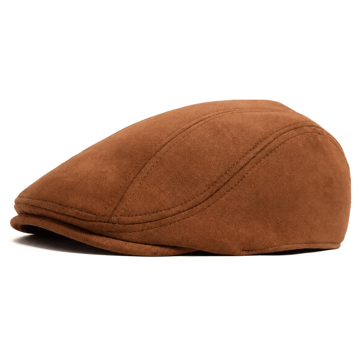 Casquette Plate Homme en Daim avec Visière Courte et Surpiqûres