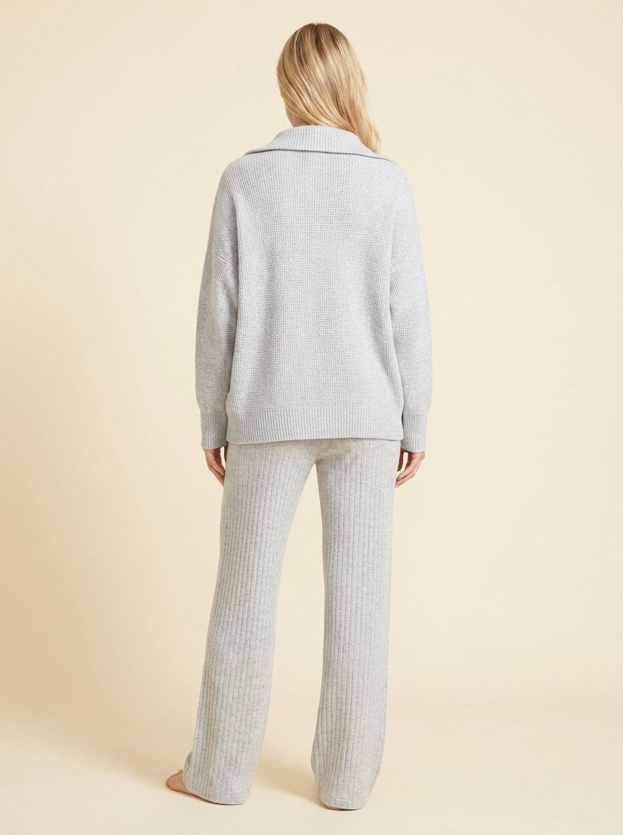 Women's Two-Piece Soft Knit Set with Half-Zip Top and Wide-Leg Trousers