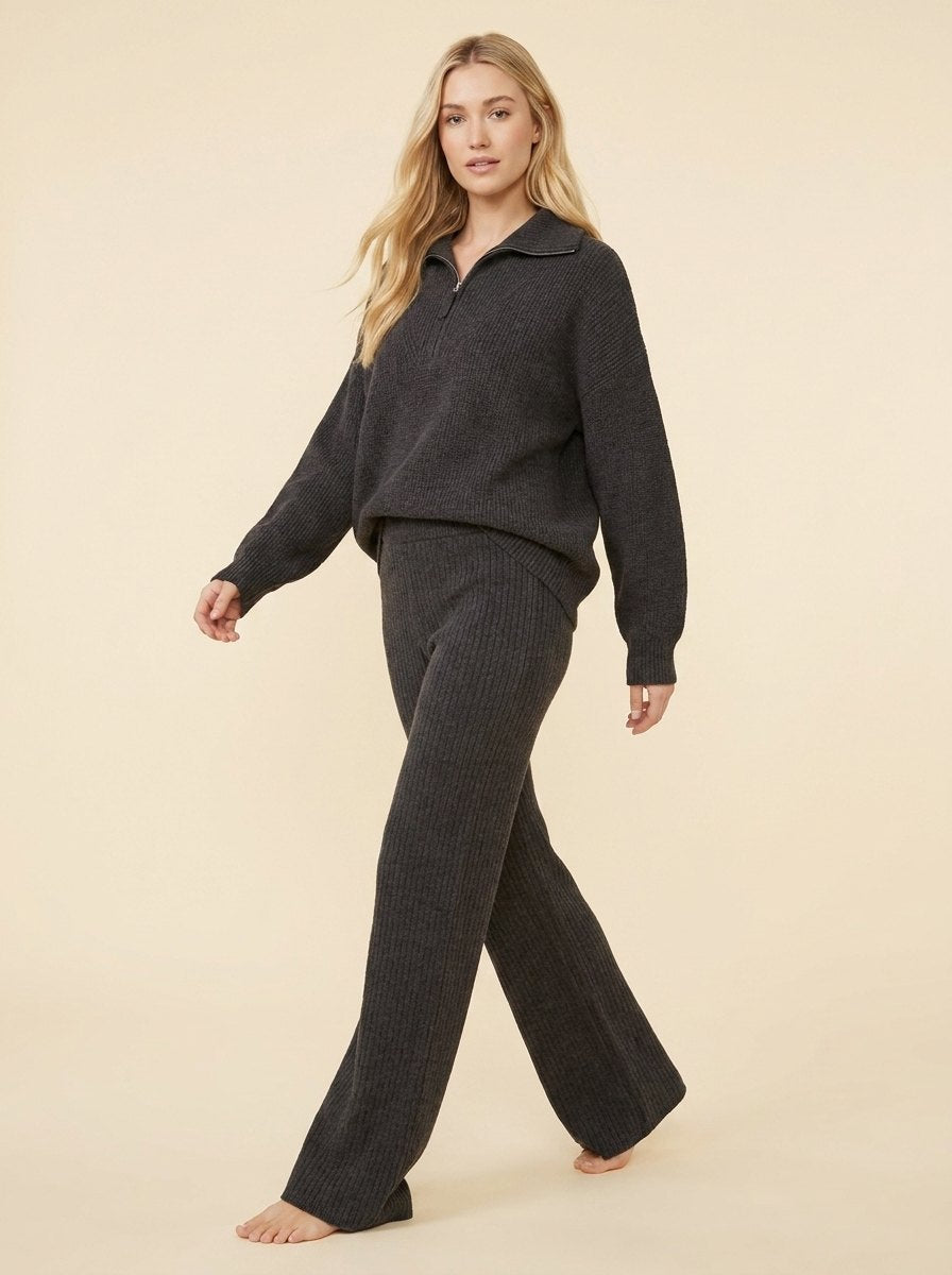 Women's Two-Piece Soft Knit Set with Half-Zip Top and Wide-Leg Trousers