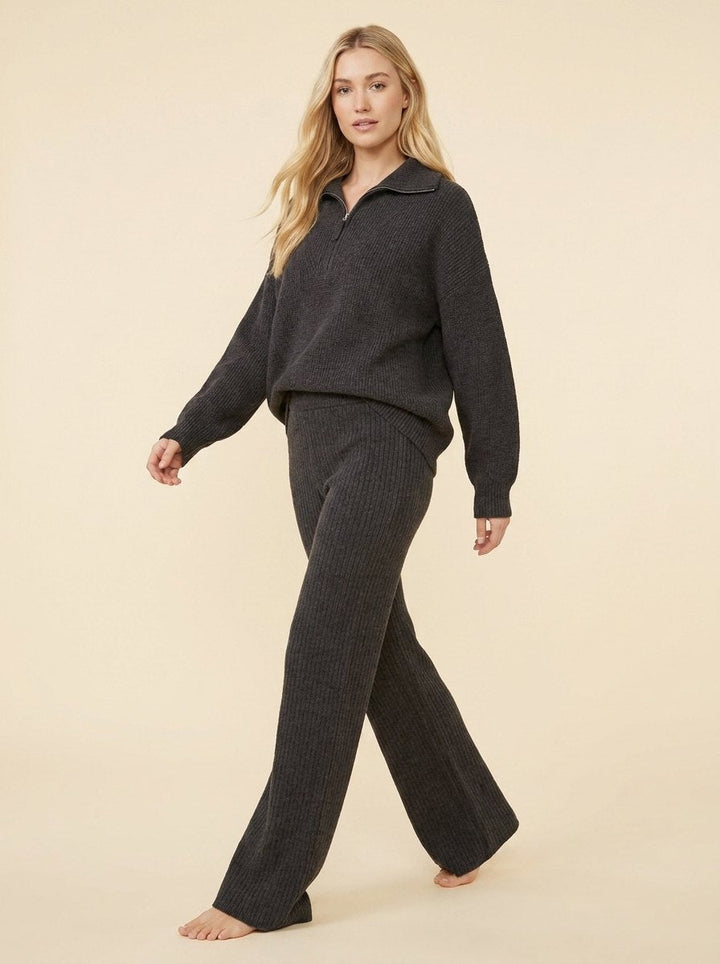 Women's Two-Piece Soft Knit Set with Half-Zip Top and Wide-Leg Trousers