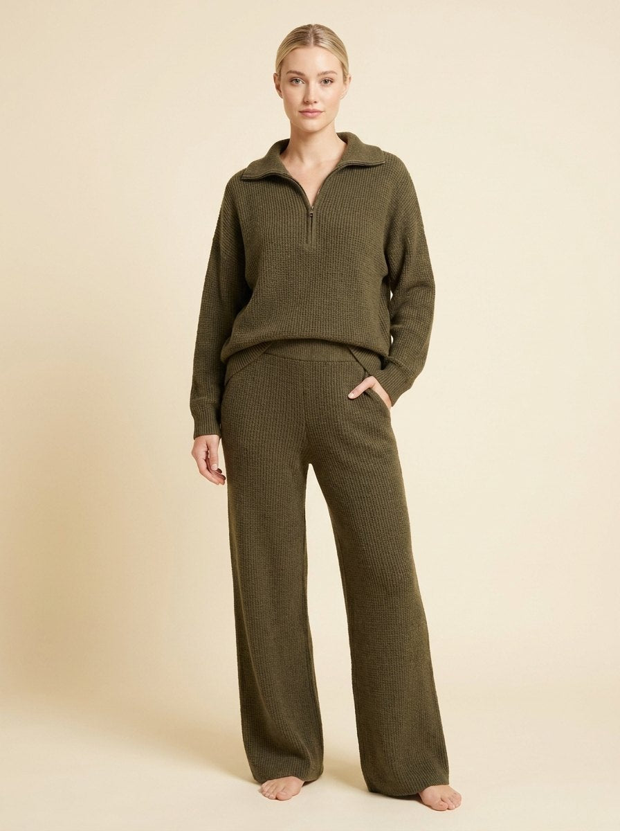 Women's Two-Piece Soft Knit Set with Half-Zip Top and Wide-Leg Trousers