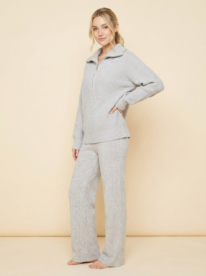 Women's Two-Piece Soft Knit Set with Half-Zip Top and Wide-Leg Trousers