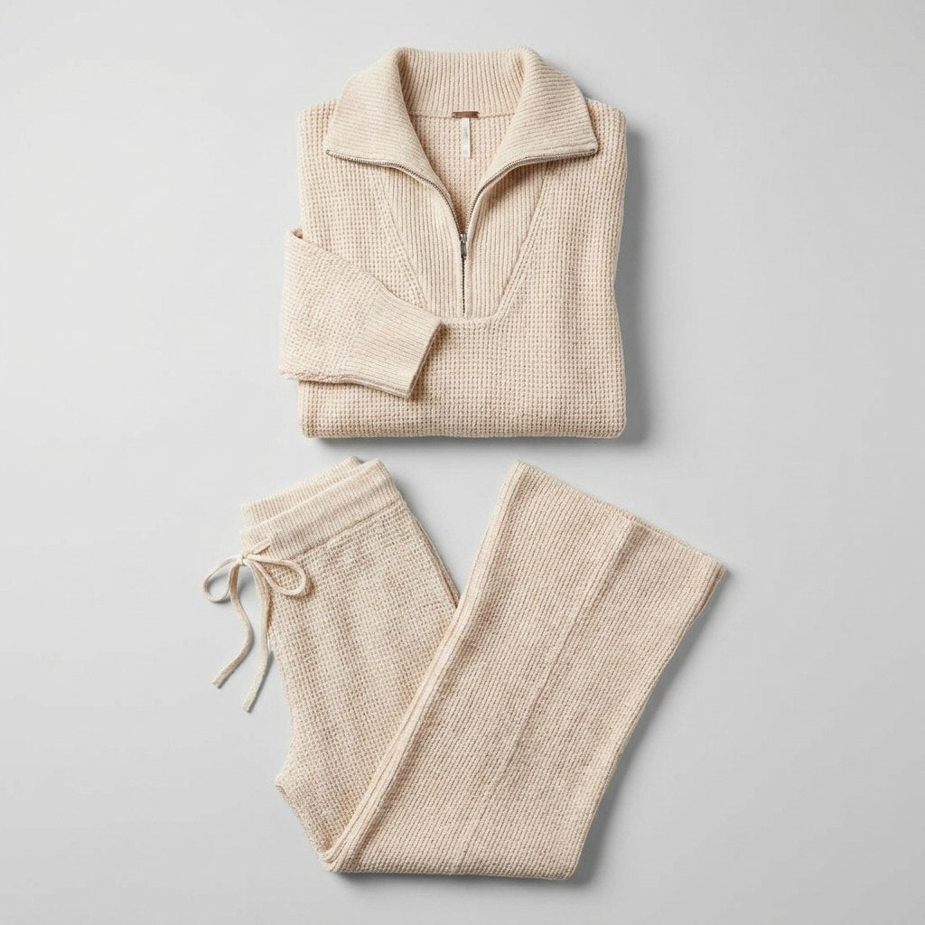 Women's Two-Piece Soft Knit Set with Half-Zip Top and Wide-Leg Trousers