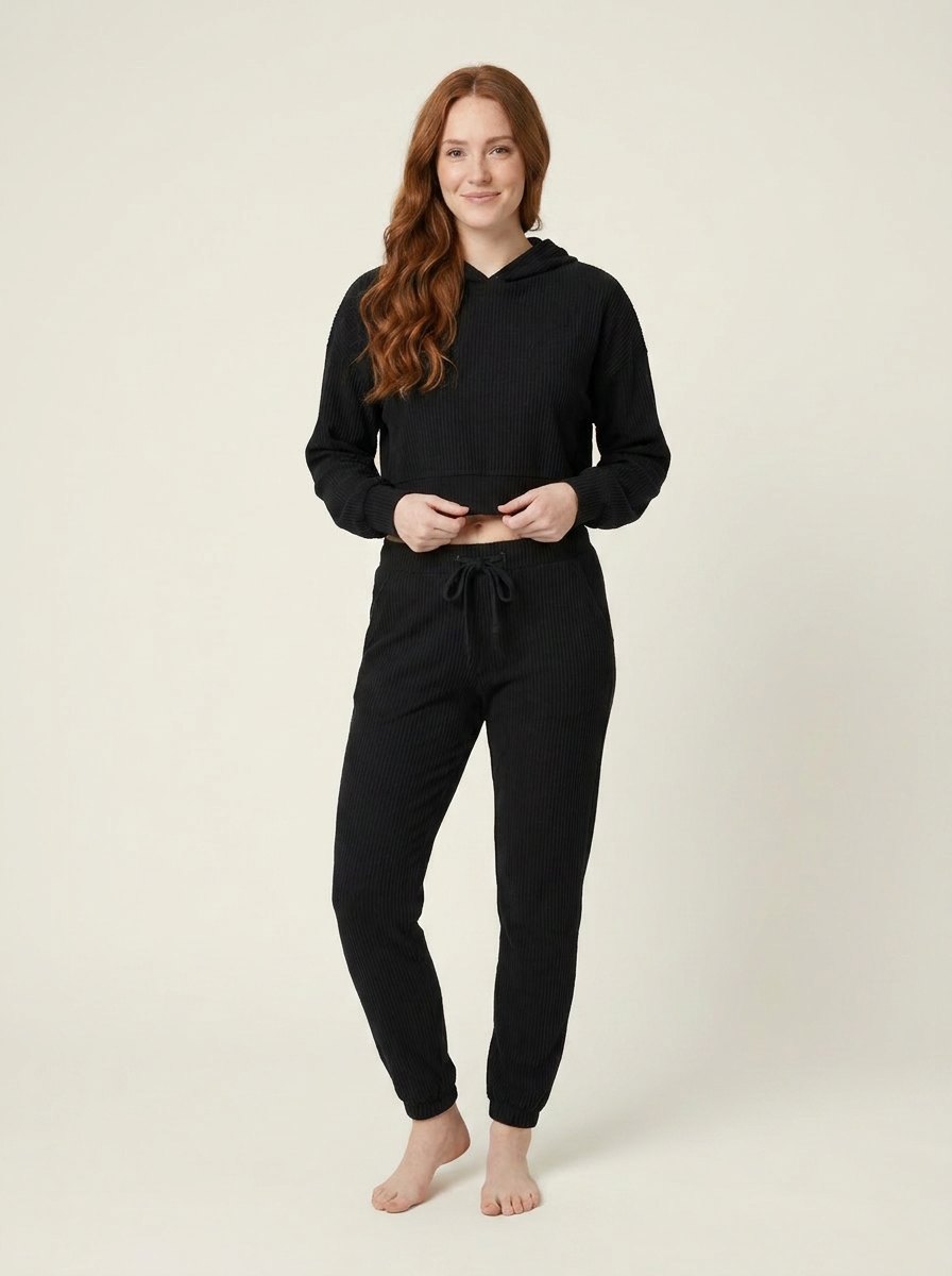 Women's Two-Piece Ribbed Velvet Set with Cropped Top and Drawstring Pants