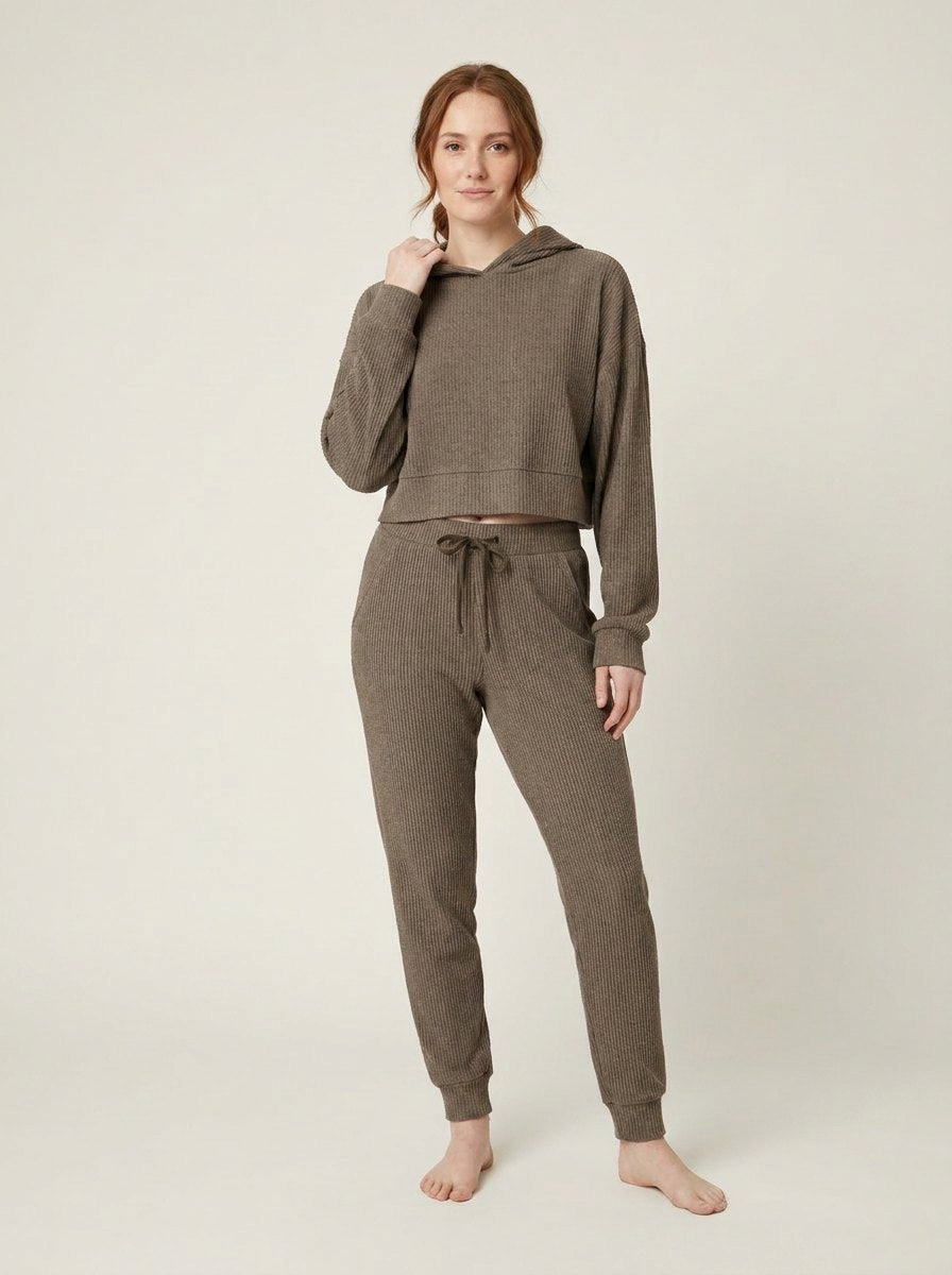 Women's Two-Piece Ribbed Velvet Set with Cropped Top and Drawstring Pants