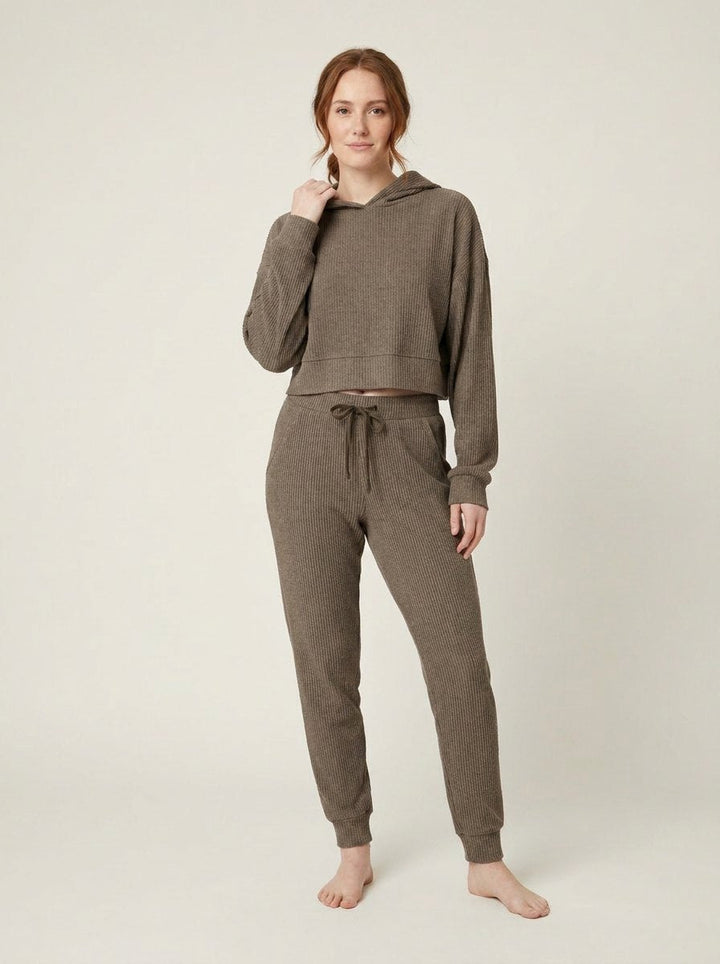 Women's Two-Piece Ribbed Velvet Set with Cropped Top and Drawstring Pants