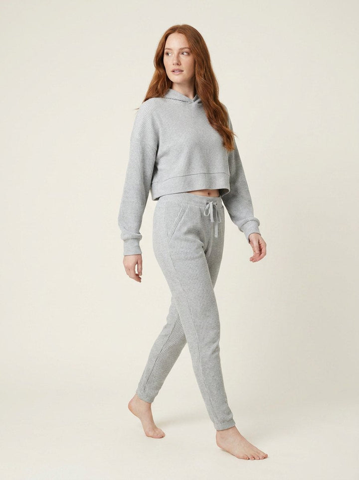 Women's Two-Piece Ribbed Velvet Set with Cropped Top and Drawstring Pants