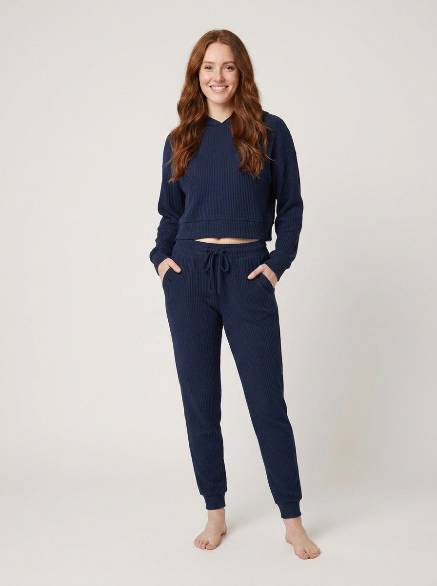 Women's Two-Piece Ribbed Velvet Set with Cropped Top and Drawstring Pants