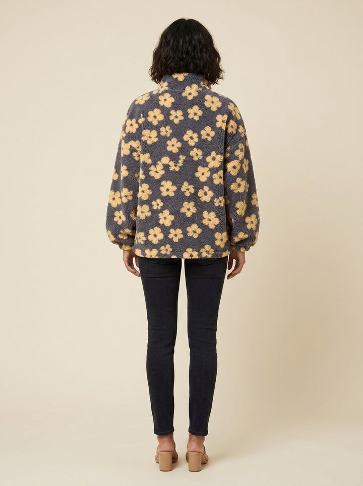 Oversized damestrui van fleece met bloemenpatroon, hoge kraag en halve rits