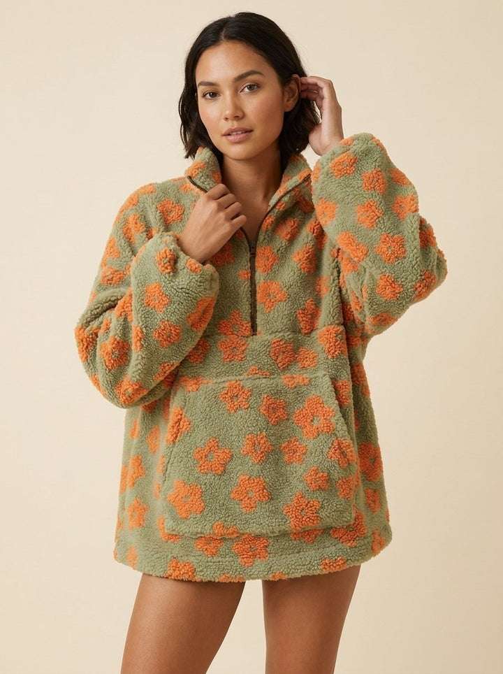 Oversized damestrui van fleece met bloemenpatroon, hoge kraag en halve rits