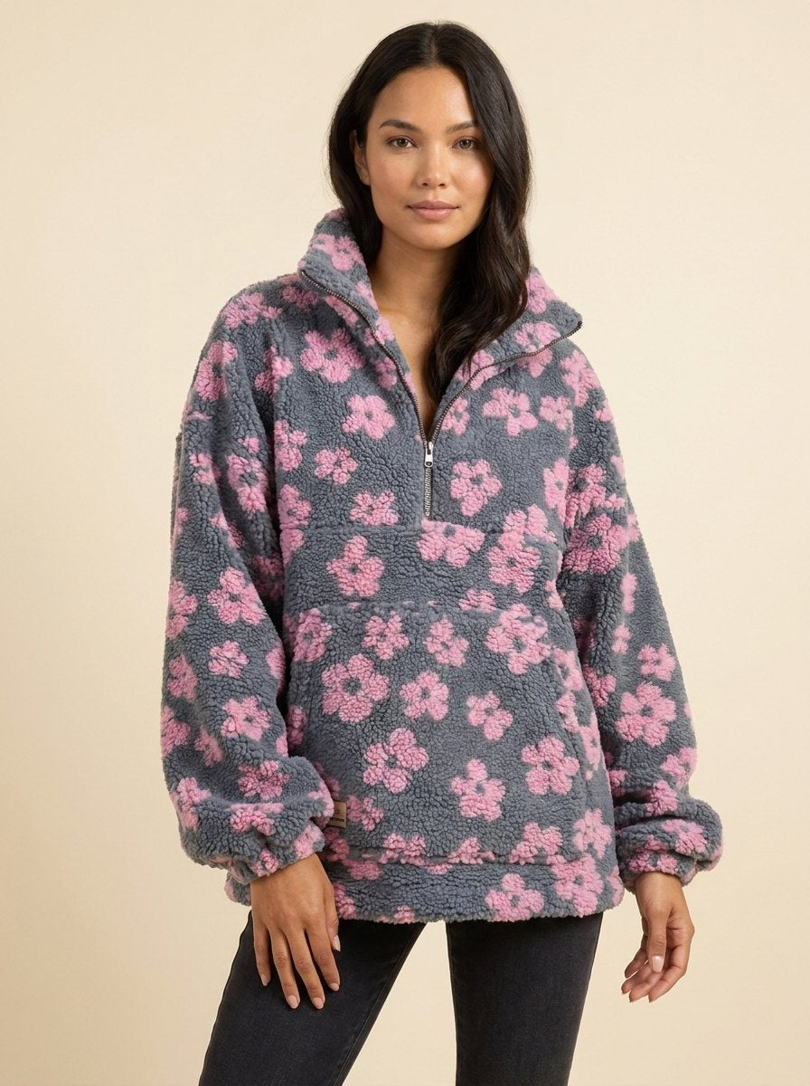Oversized damestrui van fleece met bloemenpatroon, hoge kraag en halve rits