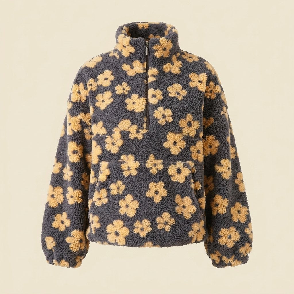 Oversized damestrui van fleece met bloemenpatroon, hoge kraag en halve rits