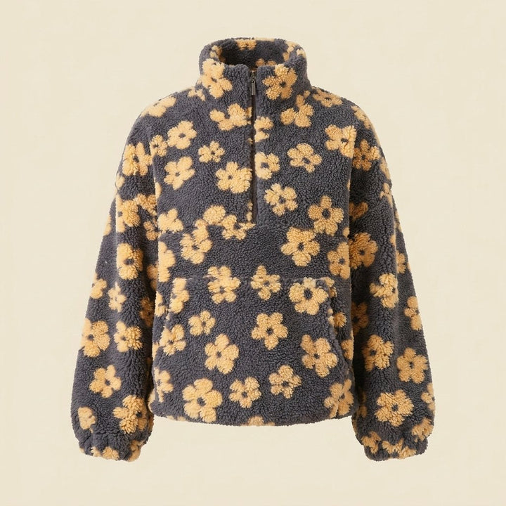 Oversized damestrui van fleece met bloemenpatroon, hoge kraag en halve rits