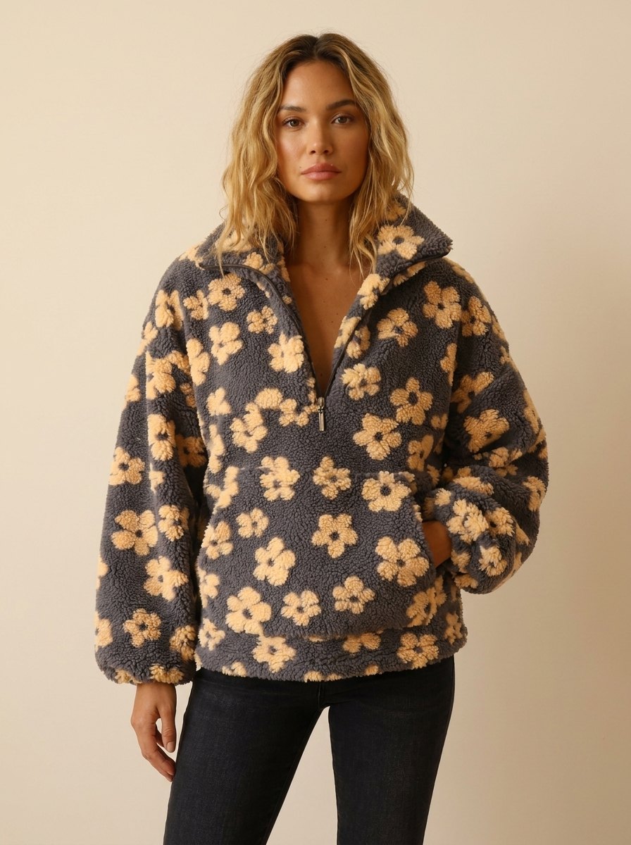 Oversized damestrui van fleece met bloemenpatroon, hoge kraag en halve rits