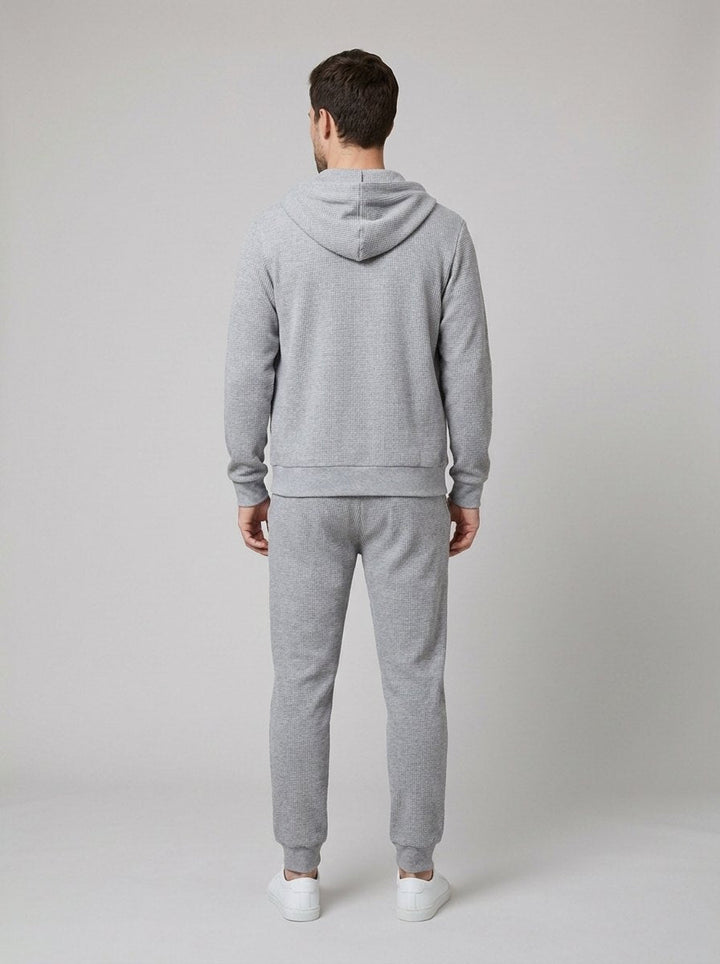 Men's knit tracksuit set with zip-up hooded top and jogger pants