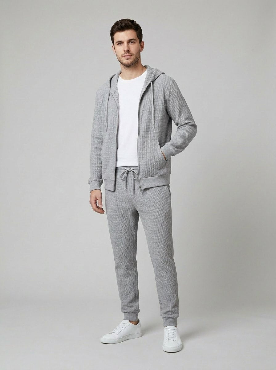 Men's knit tracksuit set with zip-up hooded top and jogger pants