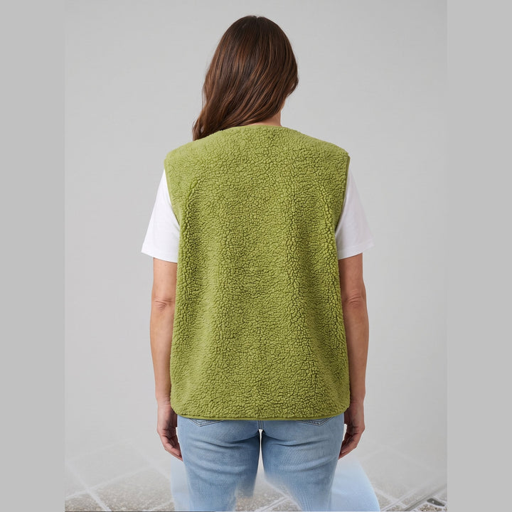 Gilet Femme En Polaire Sherpa Oversize Sans Manches Fermeture Pression