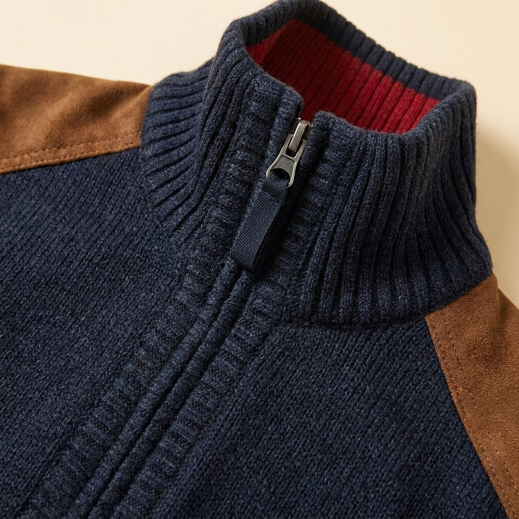 Herrenpullover mit halbem Reißverschluss, Stehkragen und Brusttasche