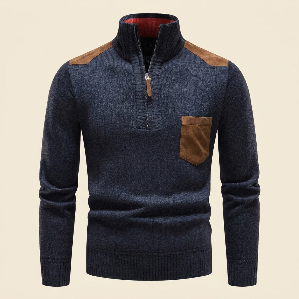 Herrenpullover mit halbem Reißverschluss, Stehkragen und Brusttasche