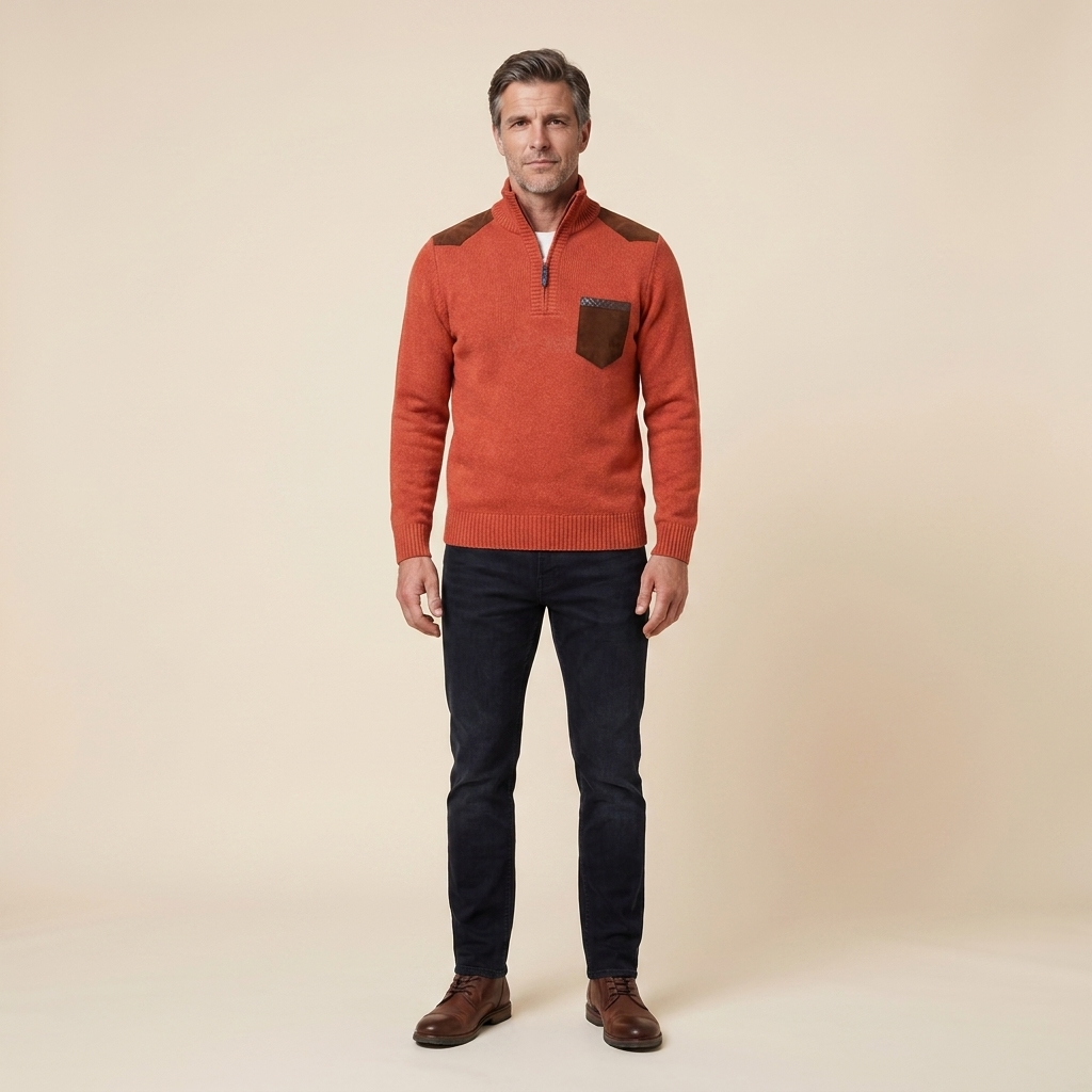 Herrenpullover mit halbem Reißverschluss, Stehkragen und Brusttasche