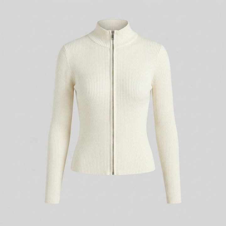 Dames-cardigan van ribgebreid materiaal met aansluitende pasvorm en dubbele ritssluiting