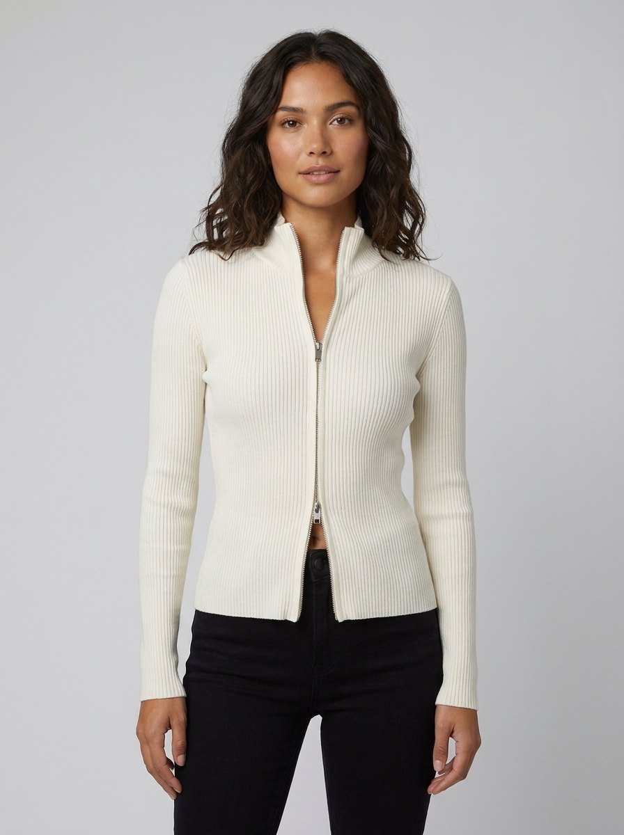 Dames-cardigan van ribgebreid materiaal met aansluitende pasvorm en dubbele ritssluiting
