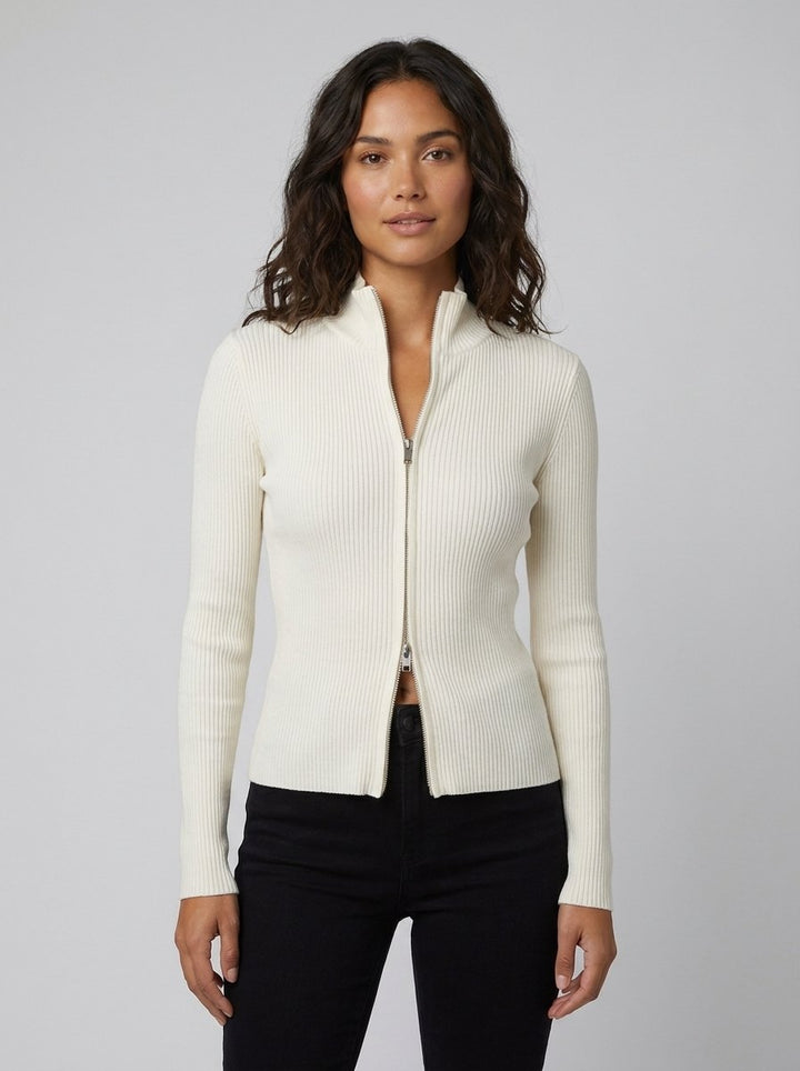 Dames-cardigan van ribgebreid materiaal met aansluitende pasvorm en dubbele ritssluiting